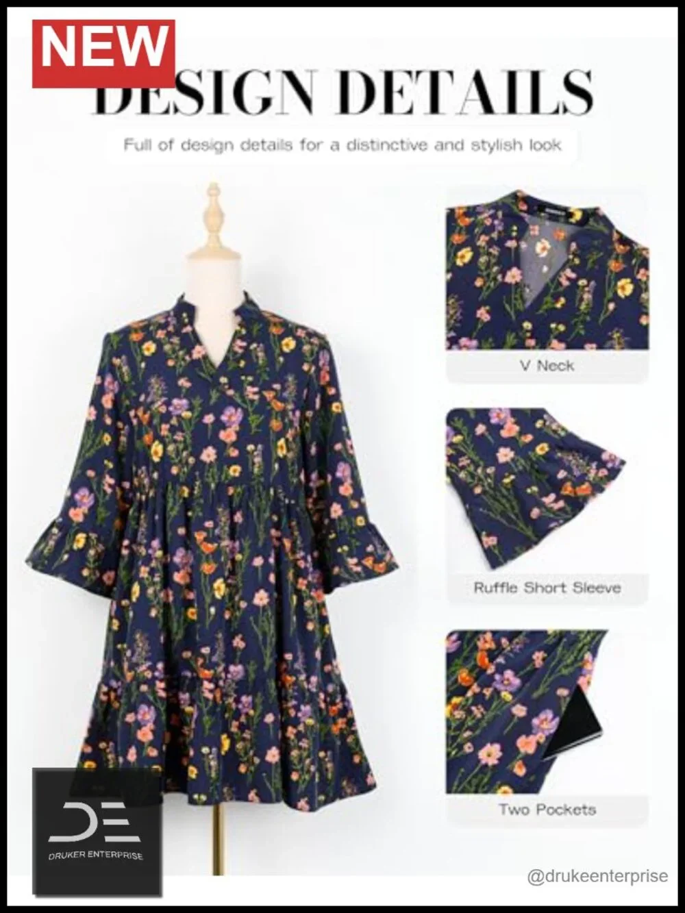 Casual Summer Dress with Pockets 3/4 Ruffle Sleeve V-Neck Flowy A-Line Mini